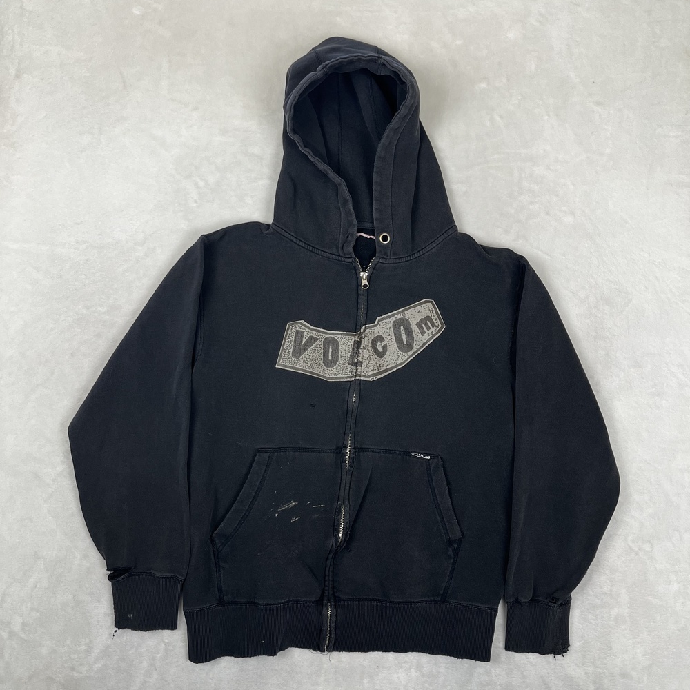 Vintage Volcom Hoodie Mens Medium Black Full Zip Sweatshirt Y2K Skater Grunge